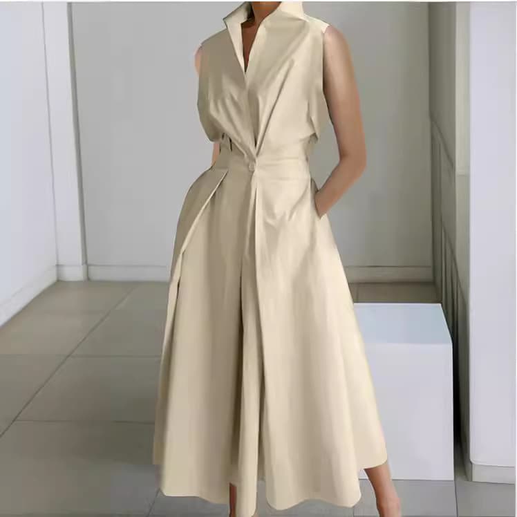 European and American cross-border dress 2026 summer new commuter fashion solid color V-neck women's button-up dress