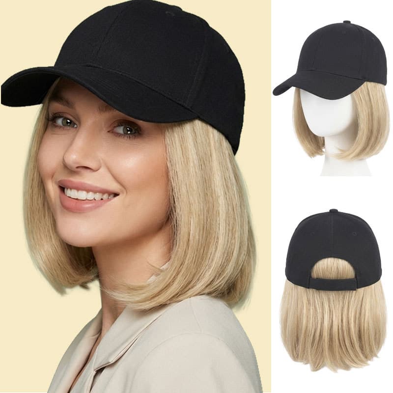 Hat wig Korean baseball cap women's spring pure black hat bob curved brim peaked hat wig hat Europe and America