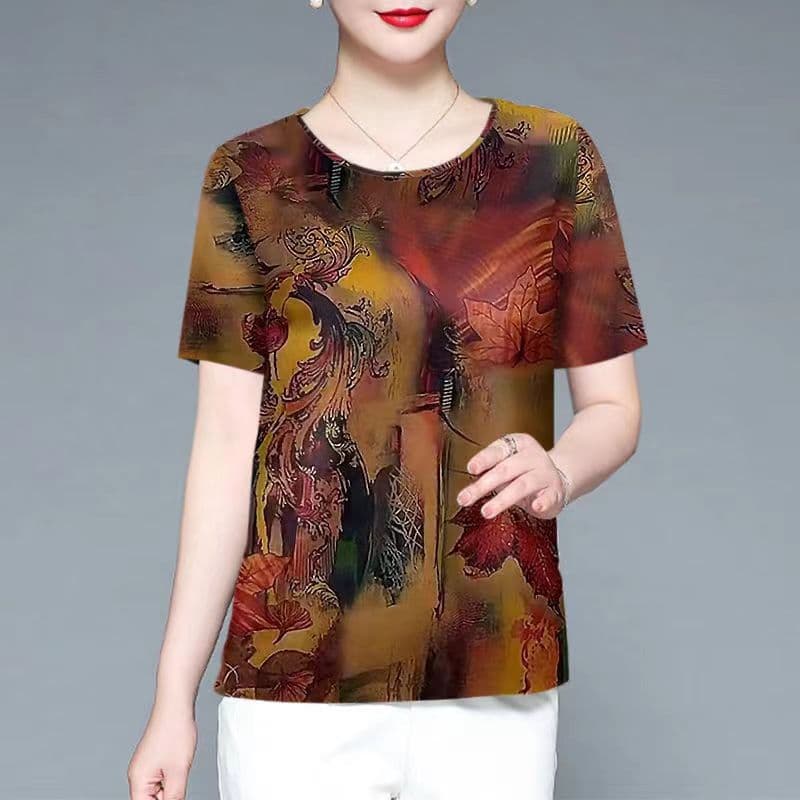High-End Ice Silk Tops for Women 2025 Summer New Style Mom Style Printed Small Shirts Ice Silk T-Shirts for Women Plus Size Women