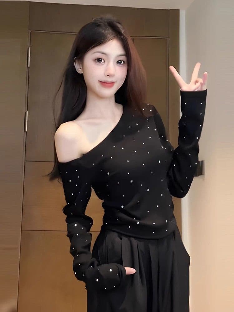 [220g 40 Count Imitation Cotton] Hot Diamond Slanted Shoulder Long Sleeve Top Women's Bottoming Top Black