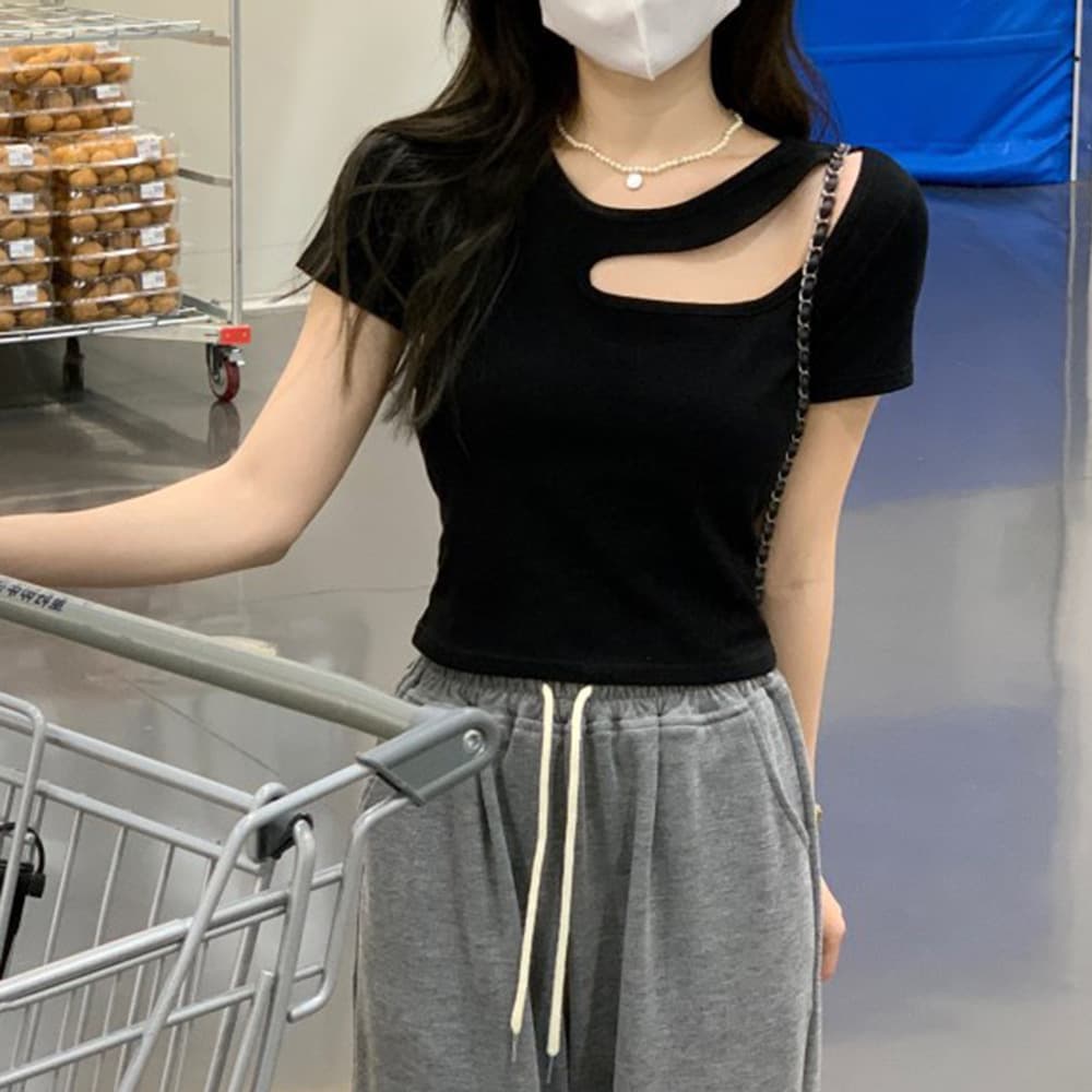 Cross-Border Aliexpress Summer European and American Slim-Fit Short-Sleeved Hollow-Out Sweet and Spicy Style T-Shirt for Women Pg0199
