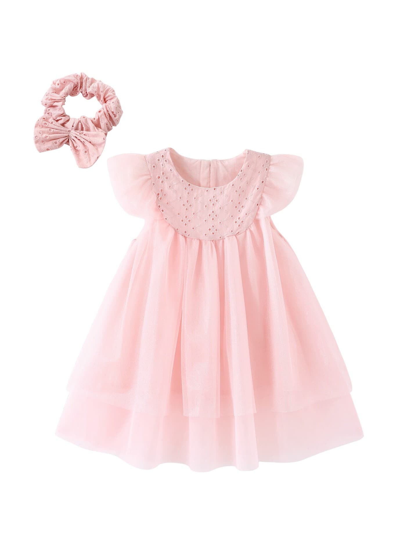 2026 New Girls Princess Tulle Dress Summer Outfit Baby Flutter Sleeve Embroidered Dress with Hair Tie Set