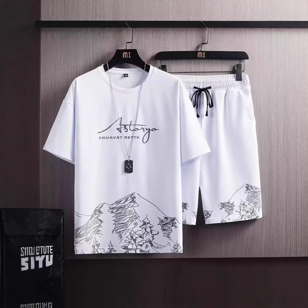 2025 Hong Kong style summer Korean style sports suit boys loose T-shirt students short-sleeved simple five-quarter pants cross-border batch