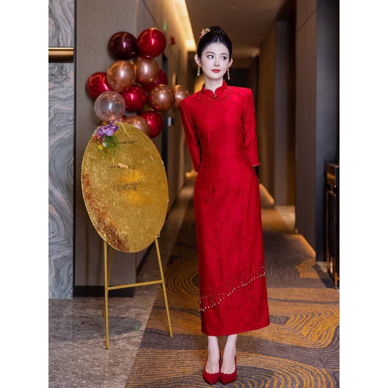Red cheongsam toast dress, bride high-end Chinese wedding return home casual engagement dress, women's autumn and winter long sleeve