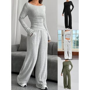 Overseas Trade Europe America Cross-border 2025 Autumn Winter Casual Solid Color High Neck Knit Long Sleeve Set Women Loose Pants Two-Piece Set