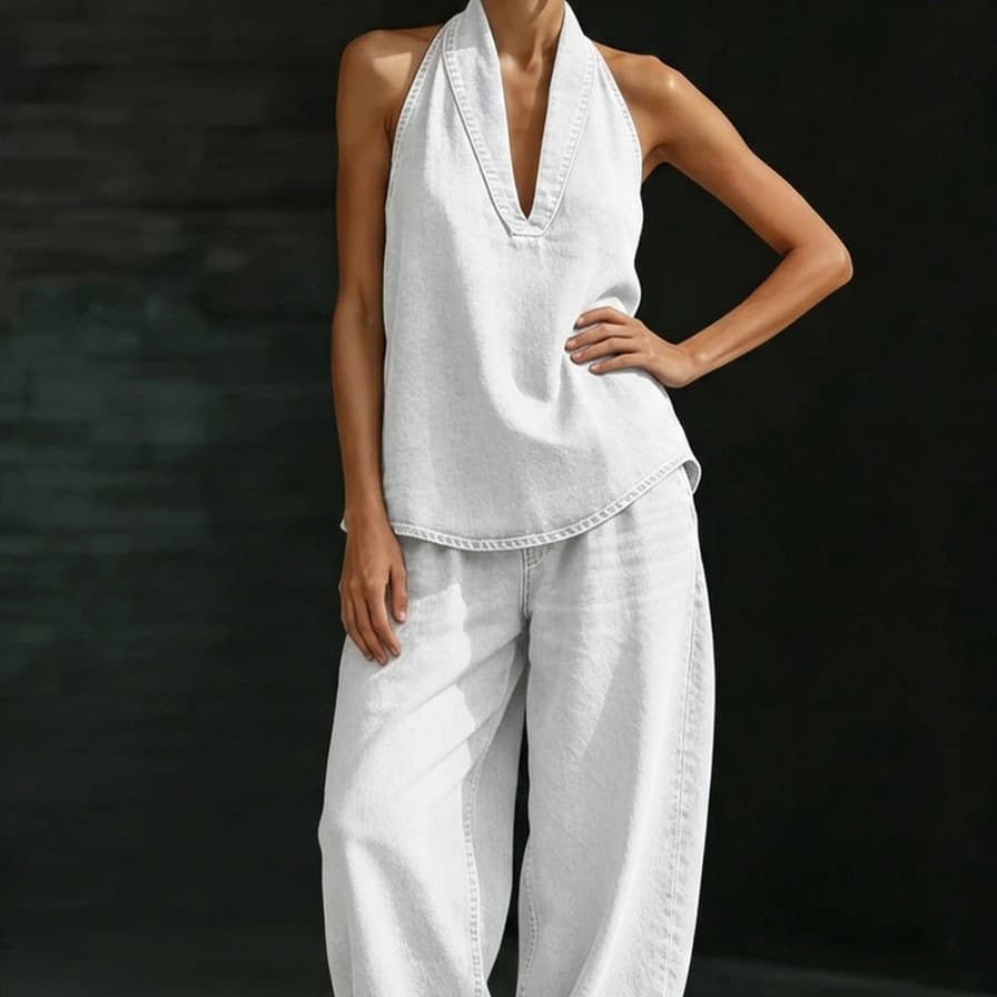 Cross-border Spring 2026 Women's European and American Style Set: Retro Turn-down Collar Buttoned Denim Vest Paired with Wide-leg Denim Pants