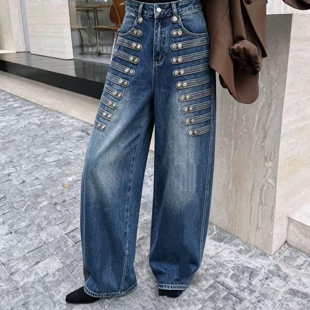 Niche design multi-breasted wide-leg jeans for women, high-waisted straight-leg floor-length pants