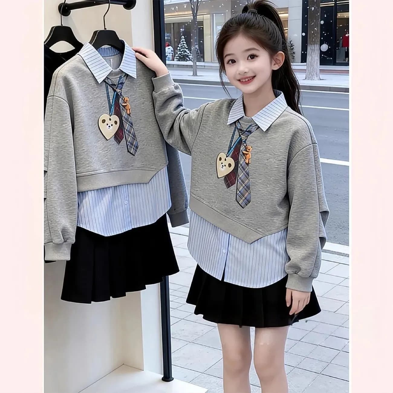 Girls Long Sleeve Sweatshirt Spring Autumn New Middle Older Kids Cartoon Print Fake Two-Piece Shirt Collar Fashion School Style Top
