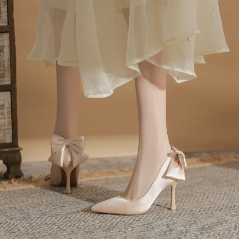 316-201 White Pointed Toe Stiletto Heels Women's Fairy Style Satin Bridesmaid Shoes Plus Size Wide Fit