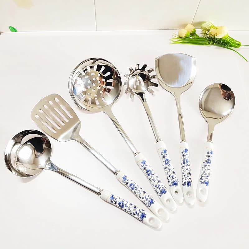 National style blue and white porcelain kitchenware 201 stainless steel ceramic handle kitchen cooking spoon spatula home kitchen gift kitchenware