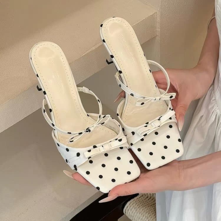 White Polka Dot One-Strap Thin Heel Square Toe Slippers for Women Summer Wear Butterfly Bow Elegant High Heels to Match Dresses Sandals
