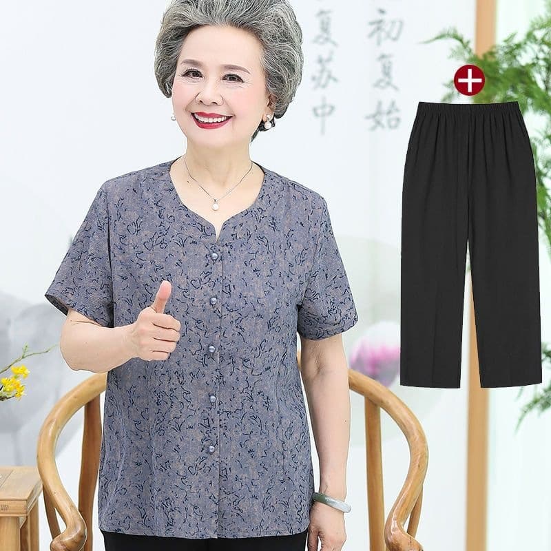 Elderly Women's Blouse Summer Short Sleeve Shirt for Grandma Mother Set Clothing 7080 Plus Size