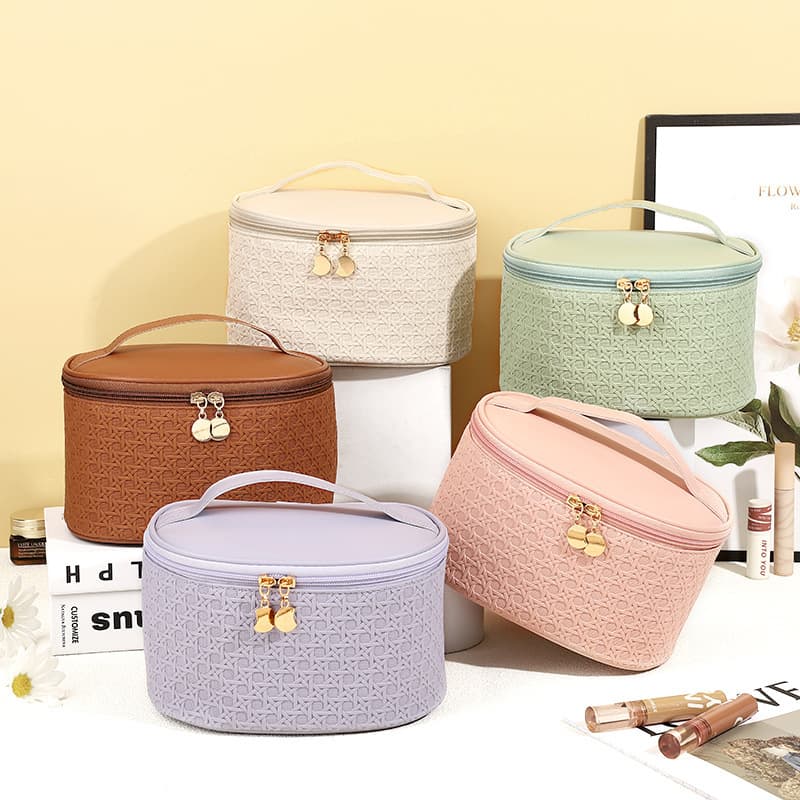 Large Capacity High Appearance PU Makeup Bag with Bamboo Weave Texture, Portable Cosmetic Storage Bag, Waterproof Toiletry Bag