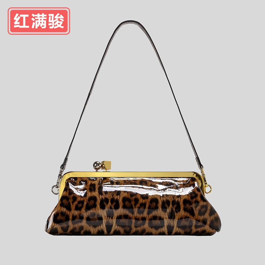 Mirror baguette bag, high-end ball metal block clip bag, women's evening bag, shoulder underarm bag, leopard print clutch bag