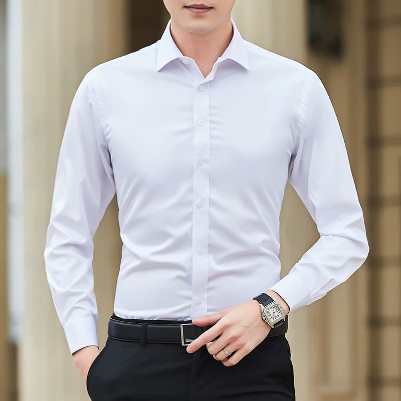 White long-sleeved shirt men's business solid color slim top groomsman shirt trendy men's professional formal wear tie inch shirt