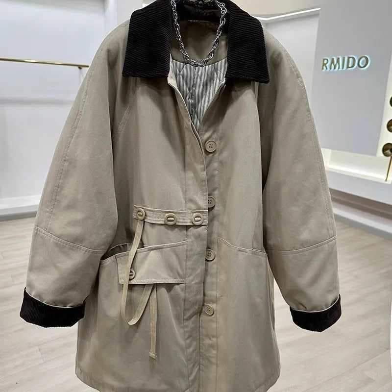 Corduroy Lapel Thickened Cotton Coat Windbreaker Women's 2025 Winter New Arrival Mid-Length Loose Warm Padded Coat Trendy