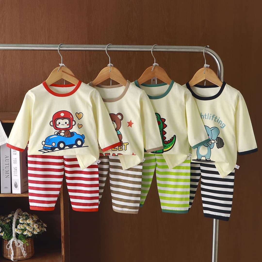 Children's Homewear Set Summer Thin Boy Cartoon Air Conditioning Suit Baby Girl Striped Pajamas Two-Piece Set