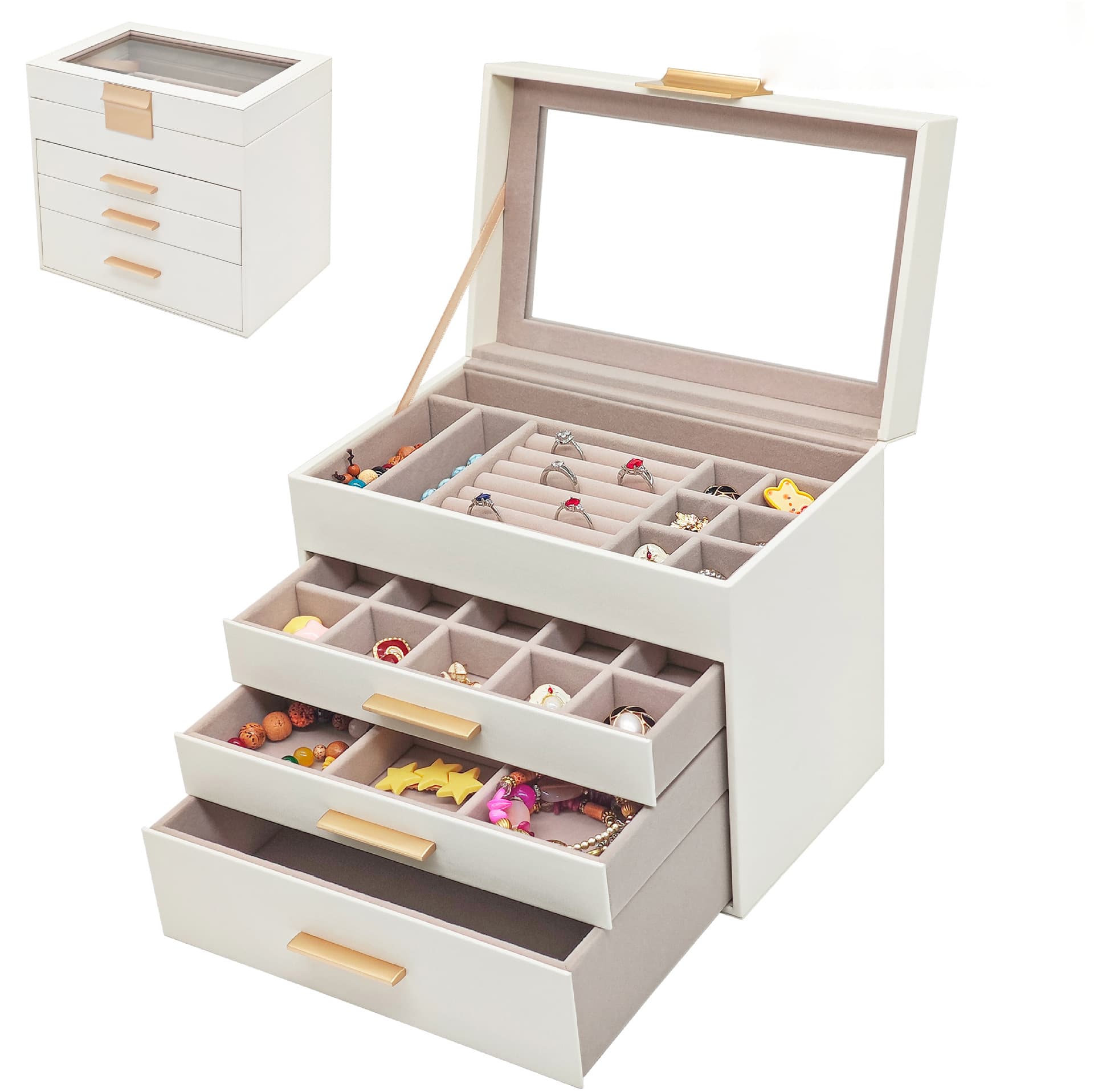 In Stock Wholesale Cream White Leather Four-Layer Jewelry Storage Box for Rings, Earrings, Necklaces, Multi-Functional Display Case