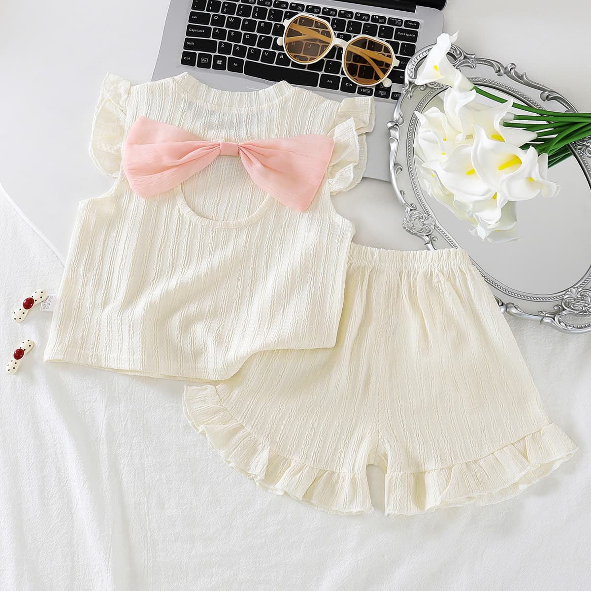Girls Summer Bow Set Baby Textured Small Flutter Sleeve Ruffle Shorts Two-Piece Children's Homewear