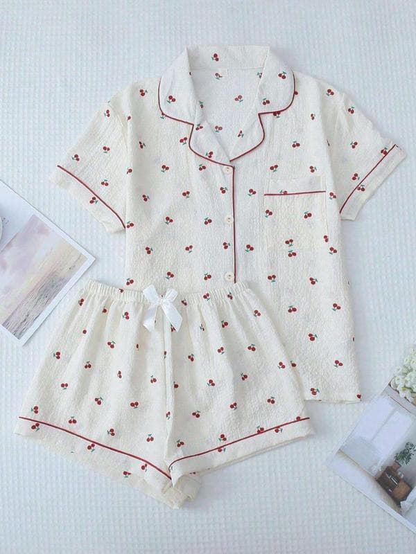 All Over Cherry Print Pocket Shirt & Shorts Pyjama Two