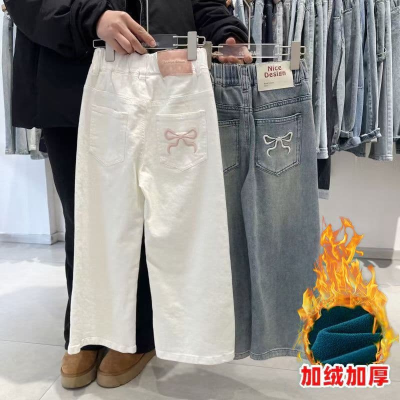 Girls' Fleece-Lined Jeans Integrated Fleece for Older Children Autumn/Winter Thick Straight-Leg Pants Narrow Wide-Leg Pants for Kids