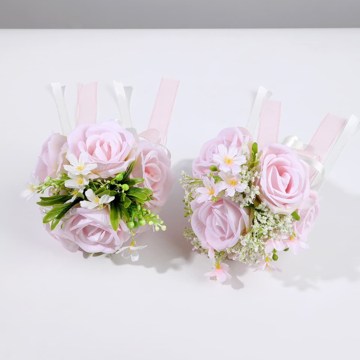 Light Pink Artificial Rose Mini Bouquet, Mist Silver Frosted Leaves Bouquet for Certificate Photo, Lawn Wedding, Bridesmaid Bouquet