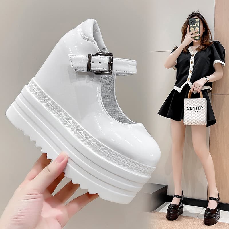 Super High Heel Fashion Single Shoes Women's 2022 New Lolita Shallow Belt Buckle White Wedge Small Leather Shoes for Women