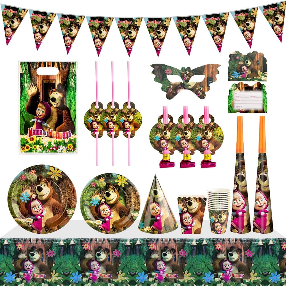 Cross-border wholesale Masha and the Bear themed children's birthday party disposable paper plates, paper cups, and bunting
