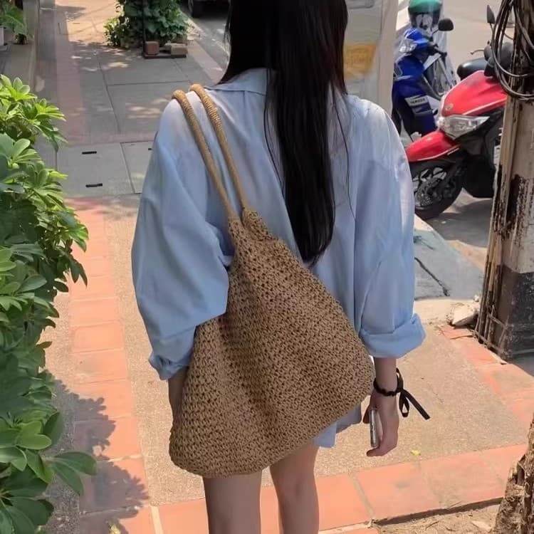 Vacation Straw Woven Bag for Women, Ins Style, Versatile and Lazy, Large Capacity Shoulder Bag Handbag, Commuter Beach Woven Bag