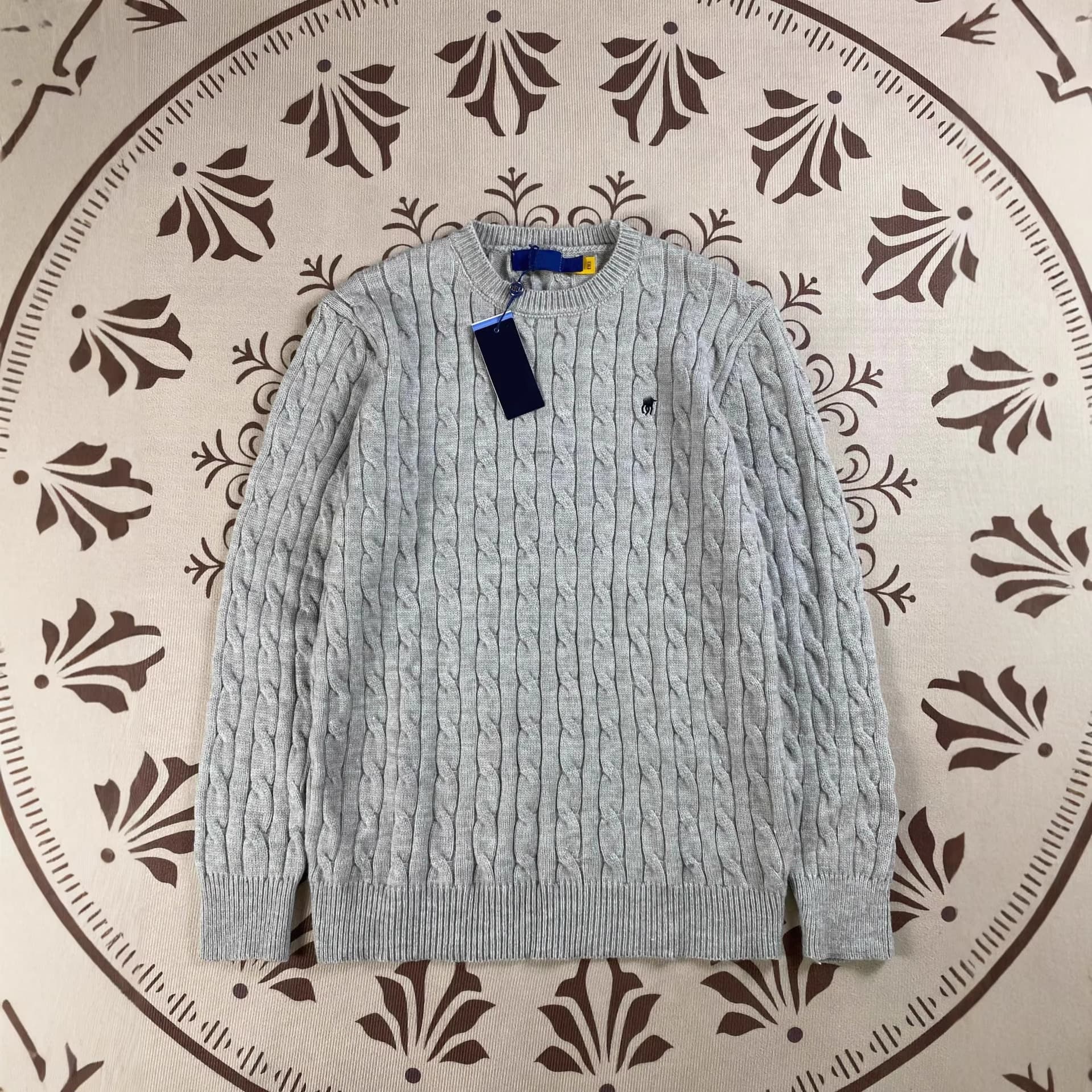 RL Ralph Lauren Real Photo Small Pony Logo Warm Autumn Winter Crewneck Cable Knit Sweater for Men, QR Code Scannable, Couple Embroidery Sweater for Women