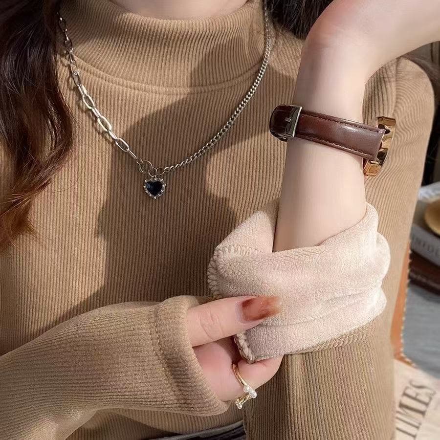Autumn Winter New Ribbed Fleece Lined Thickened Women Half Turtleneck Long Sleeve Base Top Slim Warm Top Trend Cross-Border