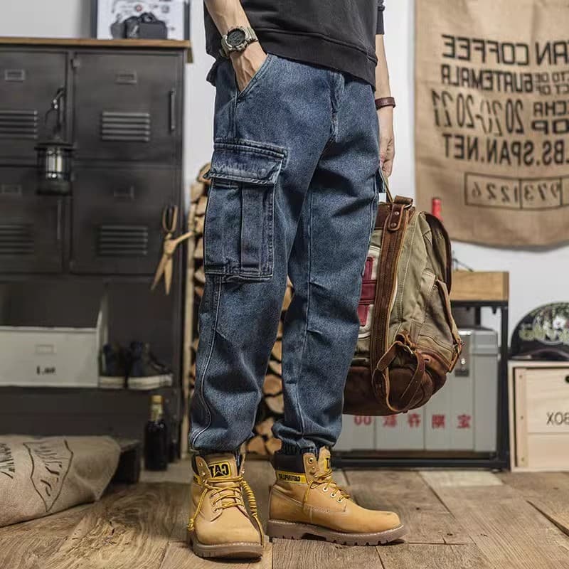 Spring and Autumn Workwear Jeans Men's Loose Trendy Brand Multi-Pocket Straight Leg Trousers American Retro Washed Casual Pants