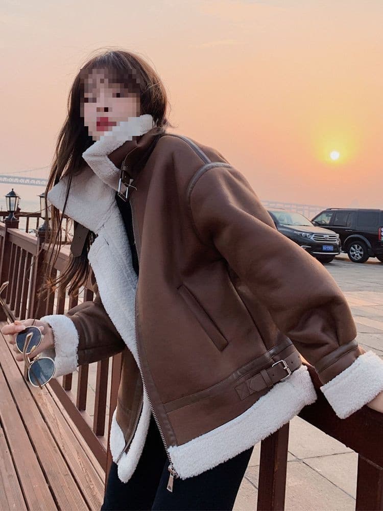 New winter women's thickened lamb wool coat, fur-lined motorcycle jacket, short plush cotton top