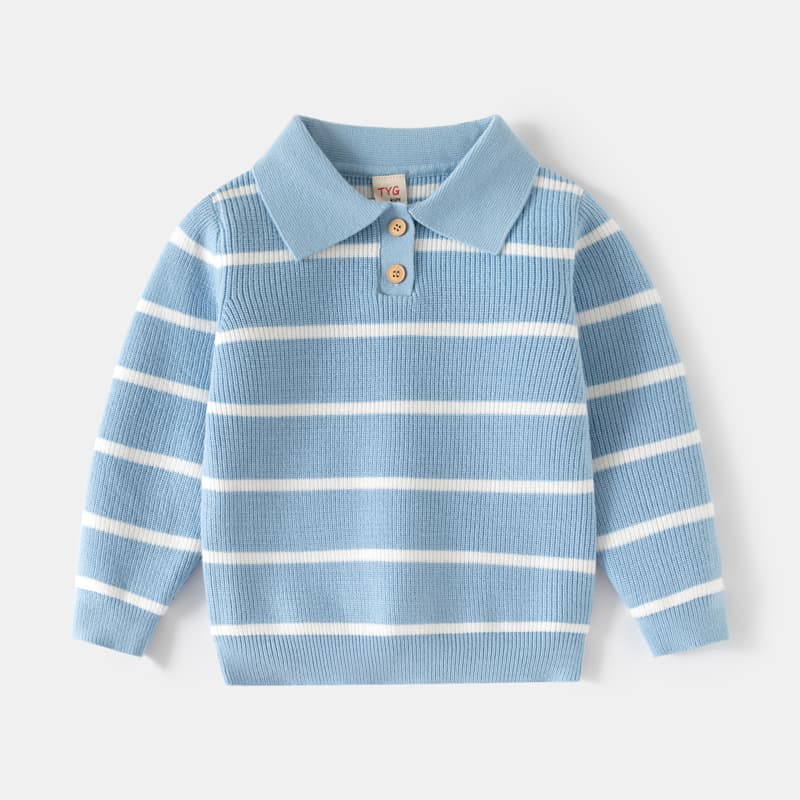 Children's Wear Turn-down Collar Sweater Ready Stock Wholesale, 2025 Autumn/Winter New Boys' Wide-stripe Thick Needle Core-spun Yarn Knit Light Blue Top