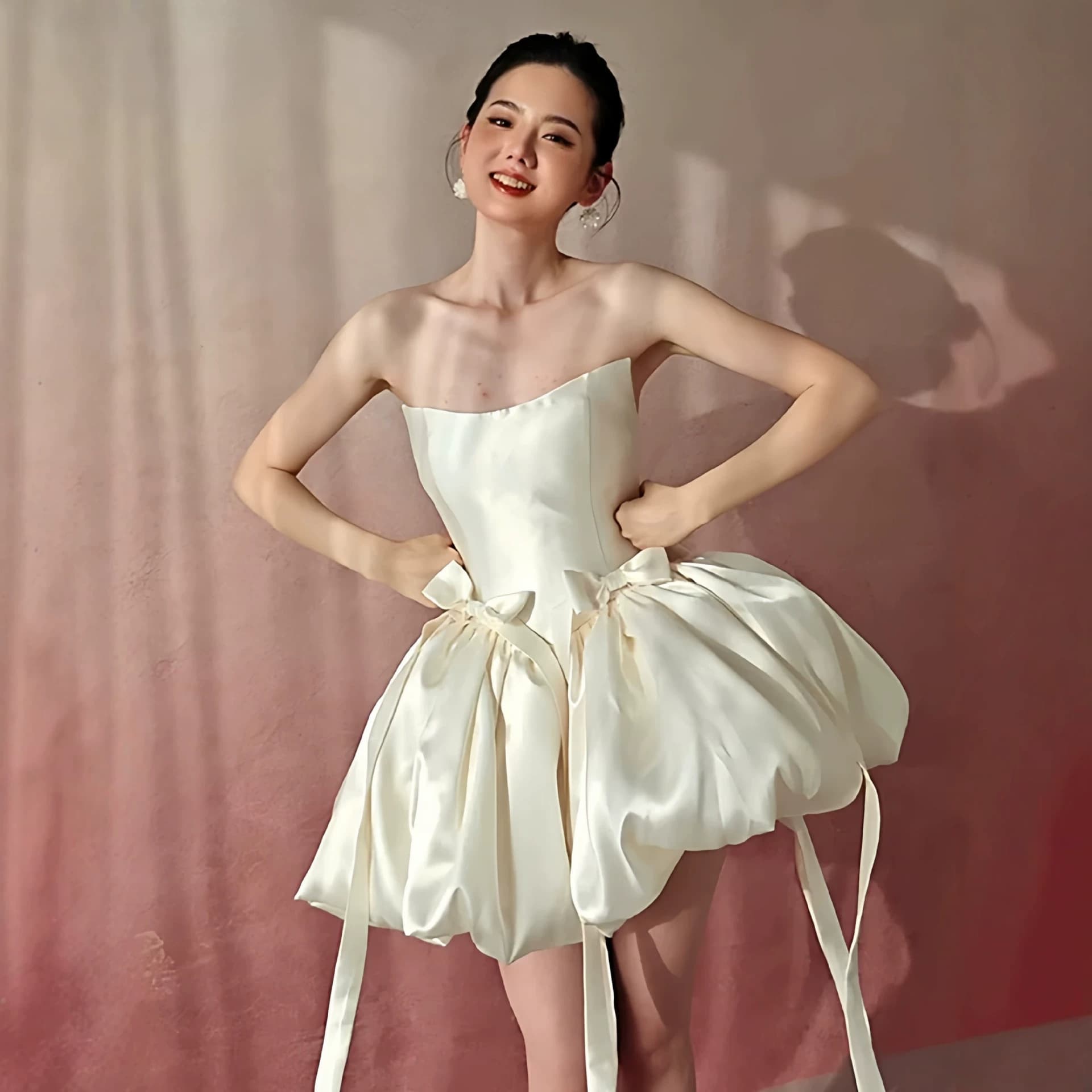 French Lightweight Satin Wedding Dress with Bow, Cute and Playful Engagement Dress, Adult Ceremony Dress, Strapless Wedding Dress for Civil Affairs Registration