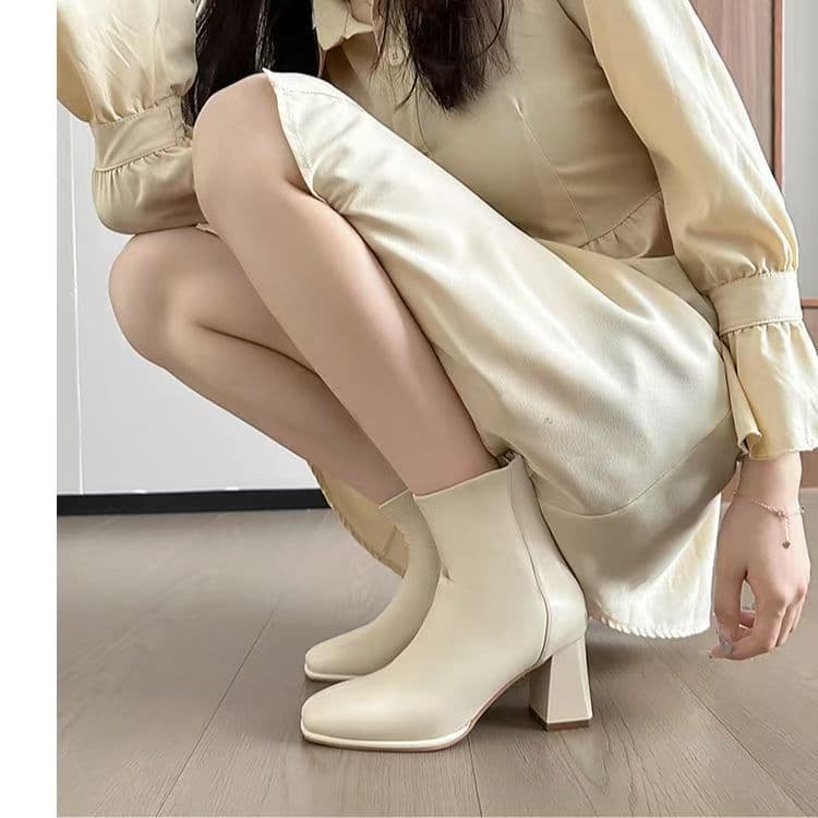 Leather Beige French Ankle Boots 2025 New Fall Winter Chunky Heel Martin Boots Square Toe Slim Fit Boots Martin Boots with Fleece Lining