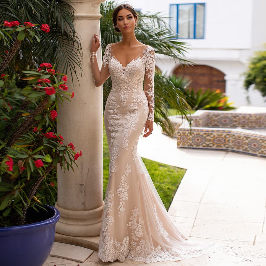 2025 New Foreign Trade Small Train Fish Tail Wedding Dress Deep V Neck Long Sleeve Large Open Back Slim Sexy Lace Wedding Dress