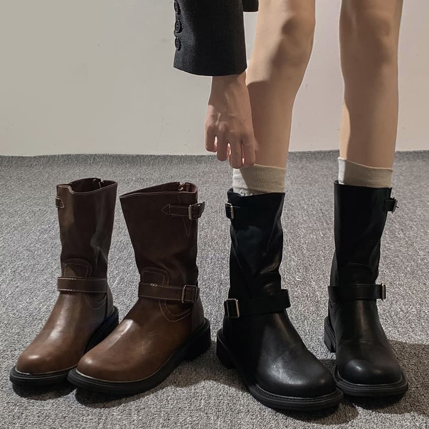 Black American British Style Retro Chunky Heel Martin Boots Women 2025 New Summer Versatile Heightening Mid-Calf Boots