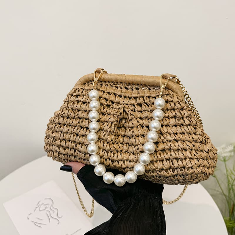 Woven Bag, Forest-Style Girl Fashion Clip-On Straw Handbag, Chain Shoulder Crossbody Bag, Seaside Vacation Beach Bag