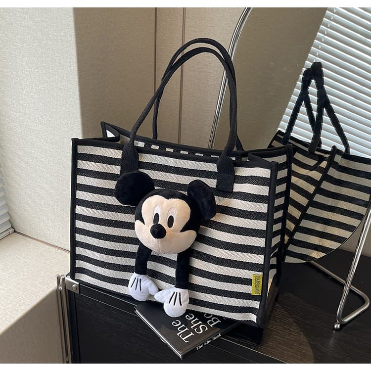 New Fashion Women's Bag Cute Cartoon Mickey Large Capacity Striped Shoulder Handbag Tote Bag Commuter Canvas Bag