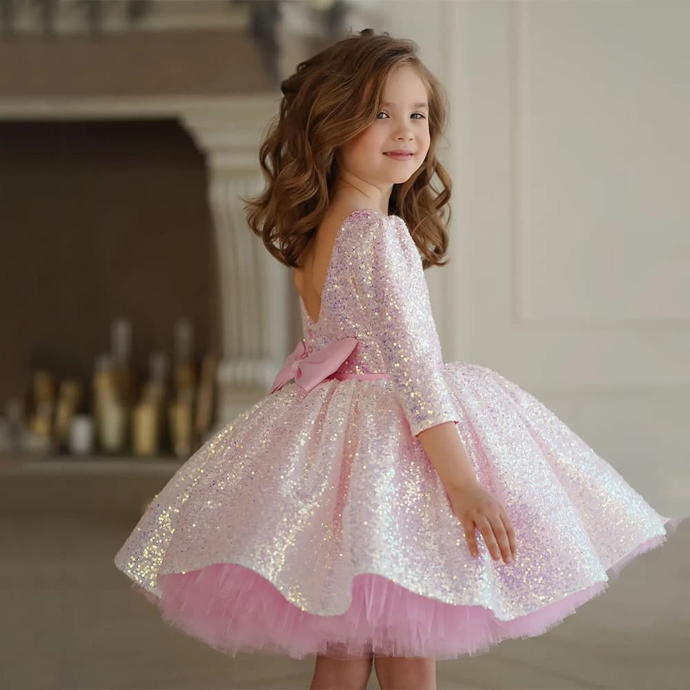 Children's princess dress sequined wedding dress cute short skirt fashionable flower girl bridesmaid little host dress pink