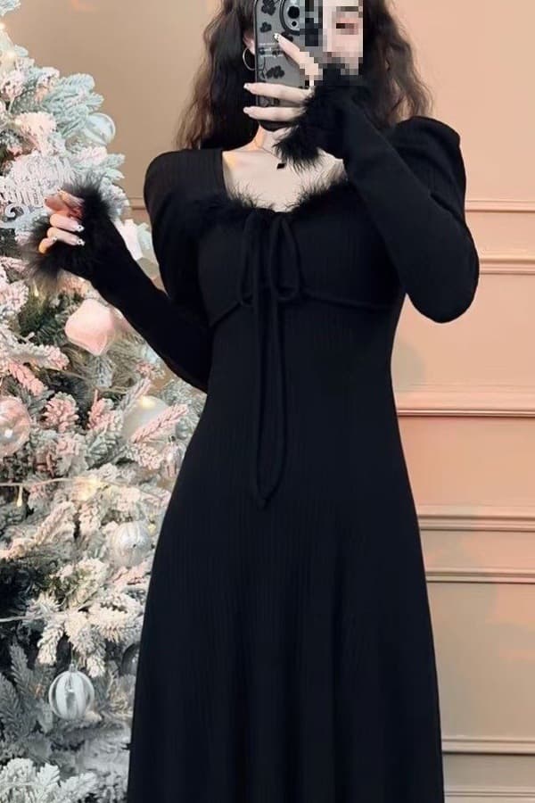 Chubby Plus Size Women's Clothing Autumn/Winter New Style Elegant Base Knit Square Neck Long Dress Slimming Bodycon Dress