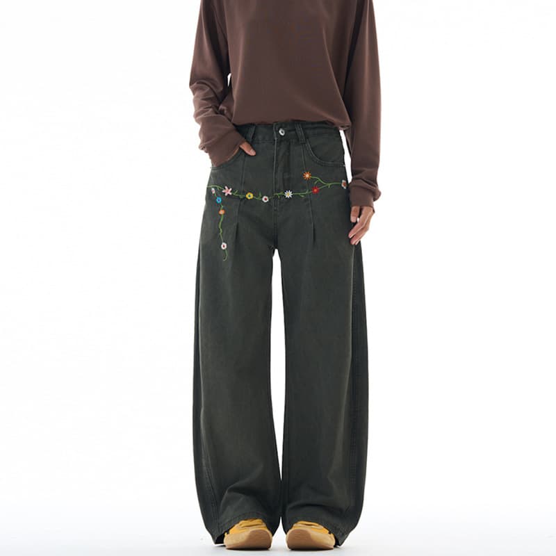 LKTM Men's American Vintage Floral Embroidered Curved Blade Casual Pants Unisex Vintage Design Wide-Leg Trousers