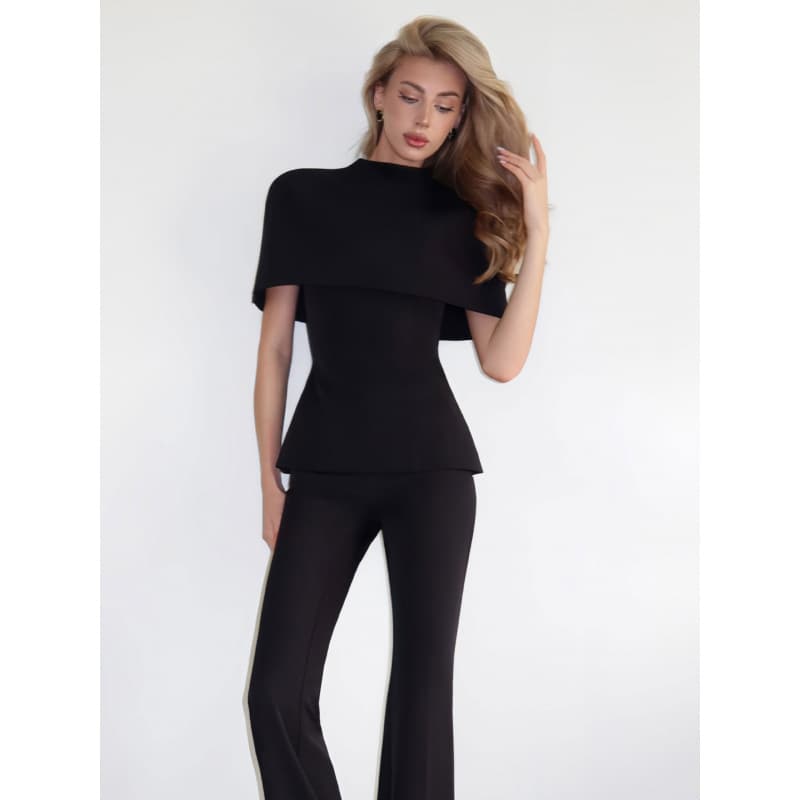 2026 AliExpress New Premium Black Cape-Style Fitted Top Short Solid Color Blouse