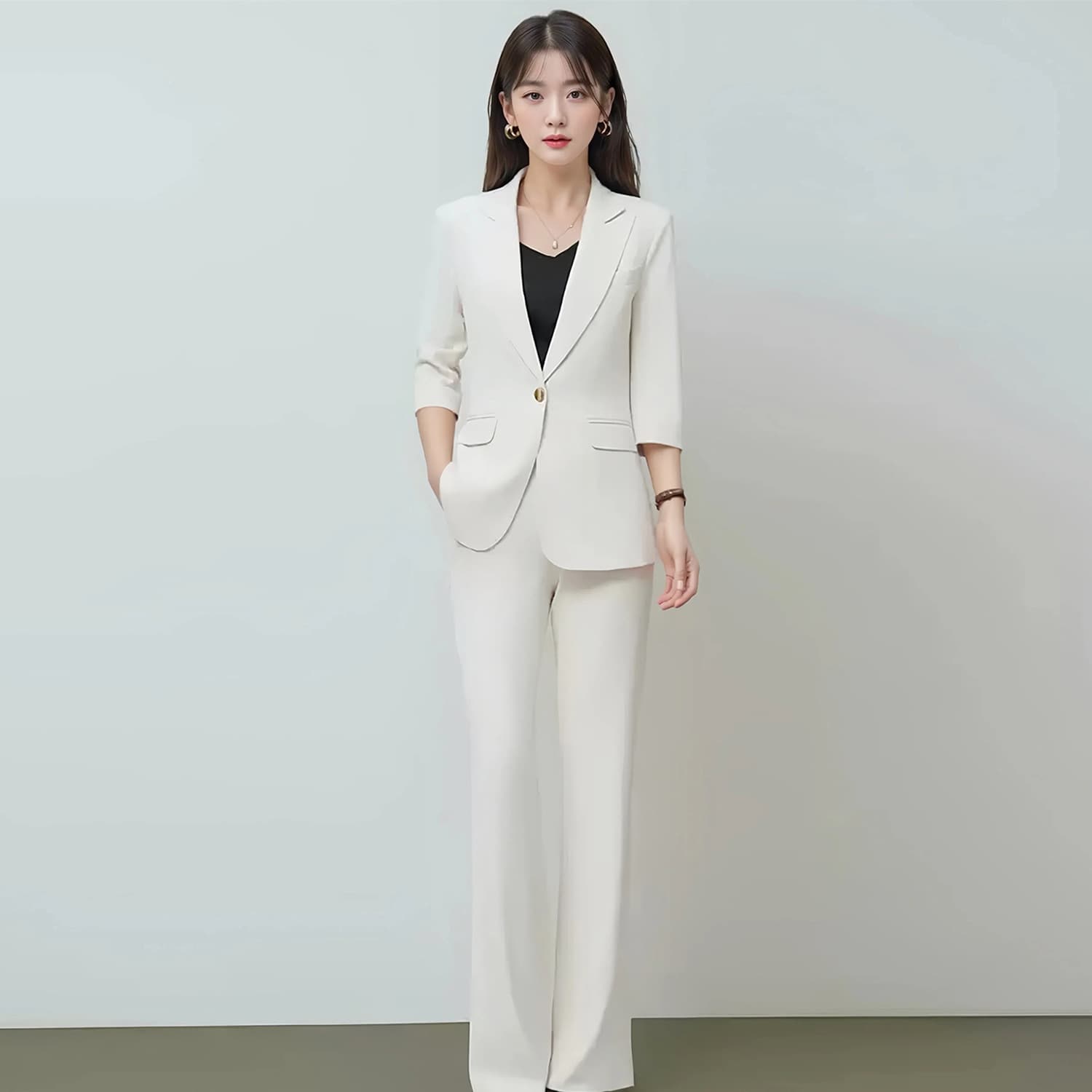 [Wrinkle-resistant and Cooling] Three-quarter sleeve women's summer suit set, high-end thin suit jacket with slightly flared trousers, professional suit.