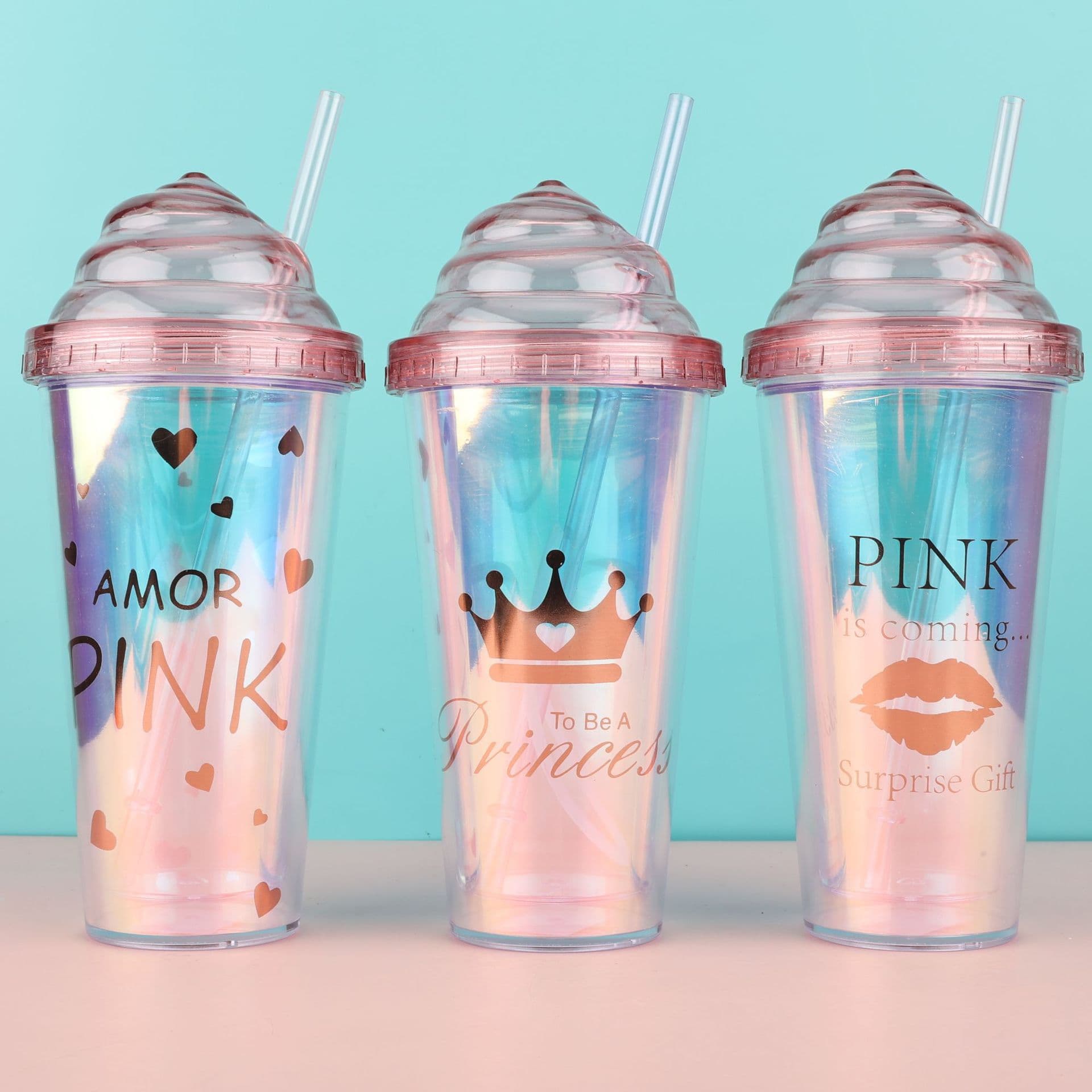 Cross-border Export 480ml Double-layer Cute Plastic Water Cup with Straw and Cardboard Logo
