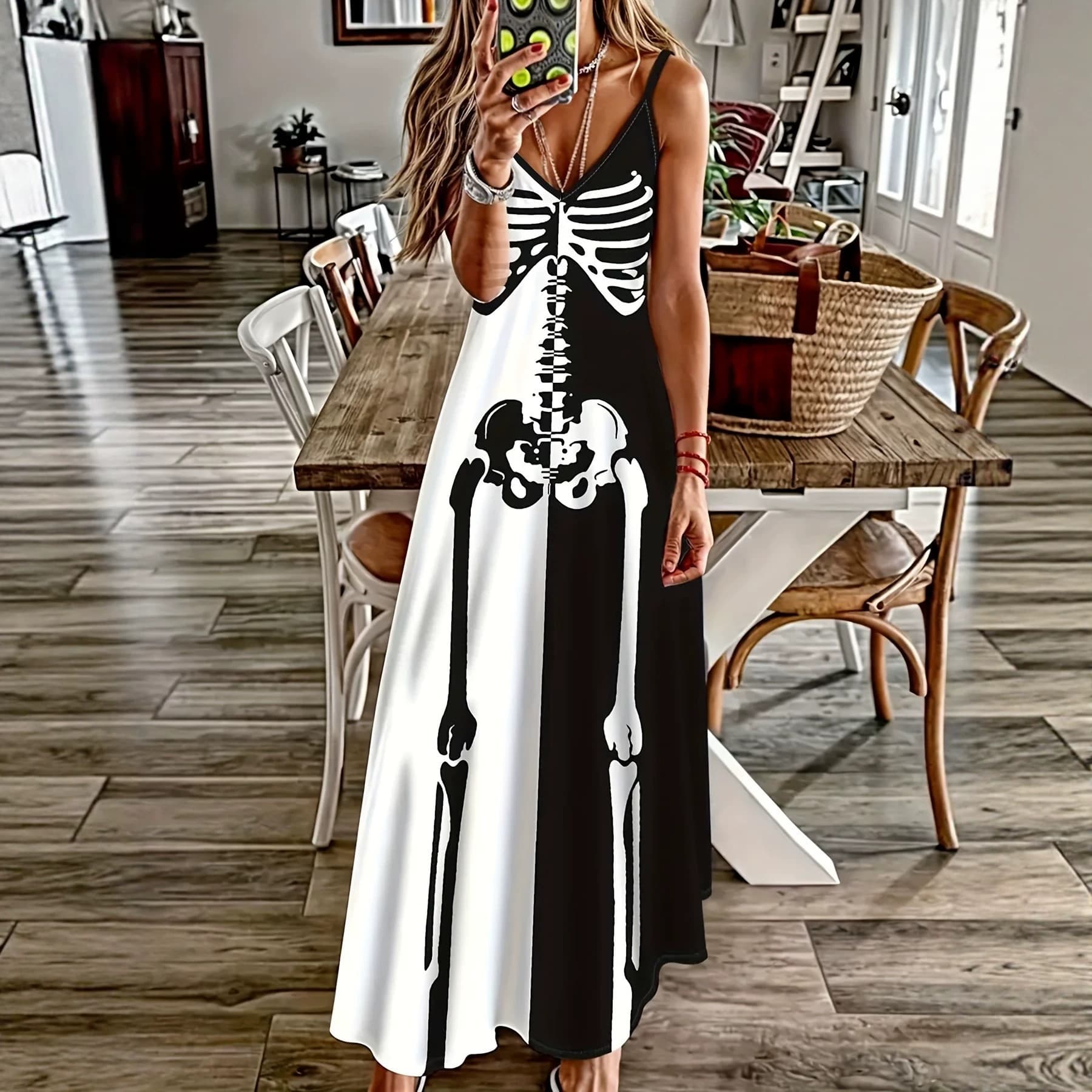 European and American Halloween skull and skeleton printed suspender long dress black and white color block V-neck loose long dress for women