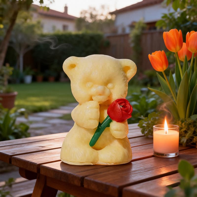 Large Rose-Holding Bear Scented Candle Silicone Mold DIY Valentine's Day Plaster Resin Ornament Mold