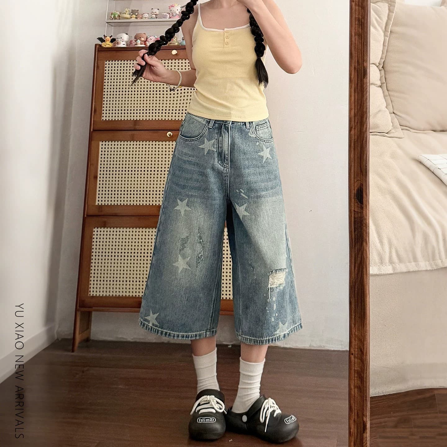 Washed distressed hole star printed jeans women's loose wide-legged loose-feeling flesh-covering cropped jeans for summer