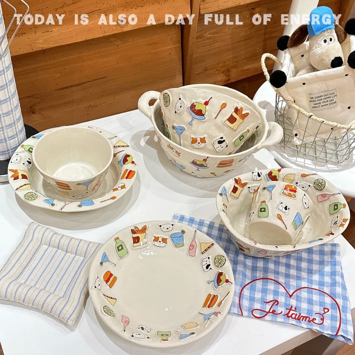 Cute Cat Relief Ceramic Tableware Household Rice Bowl Salad Yogurt Bowl Breakfast Cup Dessert Plate Dinner Plate Double-Handle Bowl